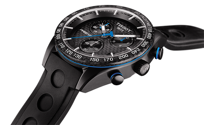 Tissot PRS 516 Carbon Dial Black PVD Plated Case Rubber Strap Mens Quartz Chronograph Watch T1004173720100