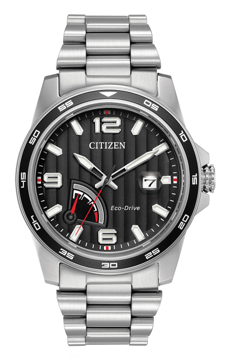 Citizen Eco-Drive Power Reserve Black Dial Stainless Steel Mens Watch AW7030-57E
