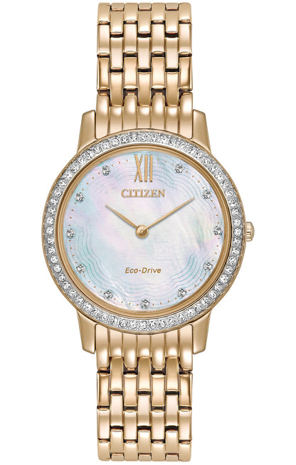 Citizen Eco-Drive Silhouette Crystal Mother of Pearl Dial Rose Gold Plated Womens Watch EX1483-50D