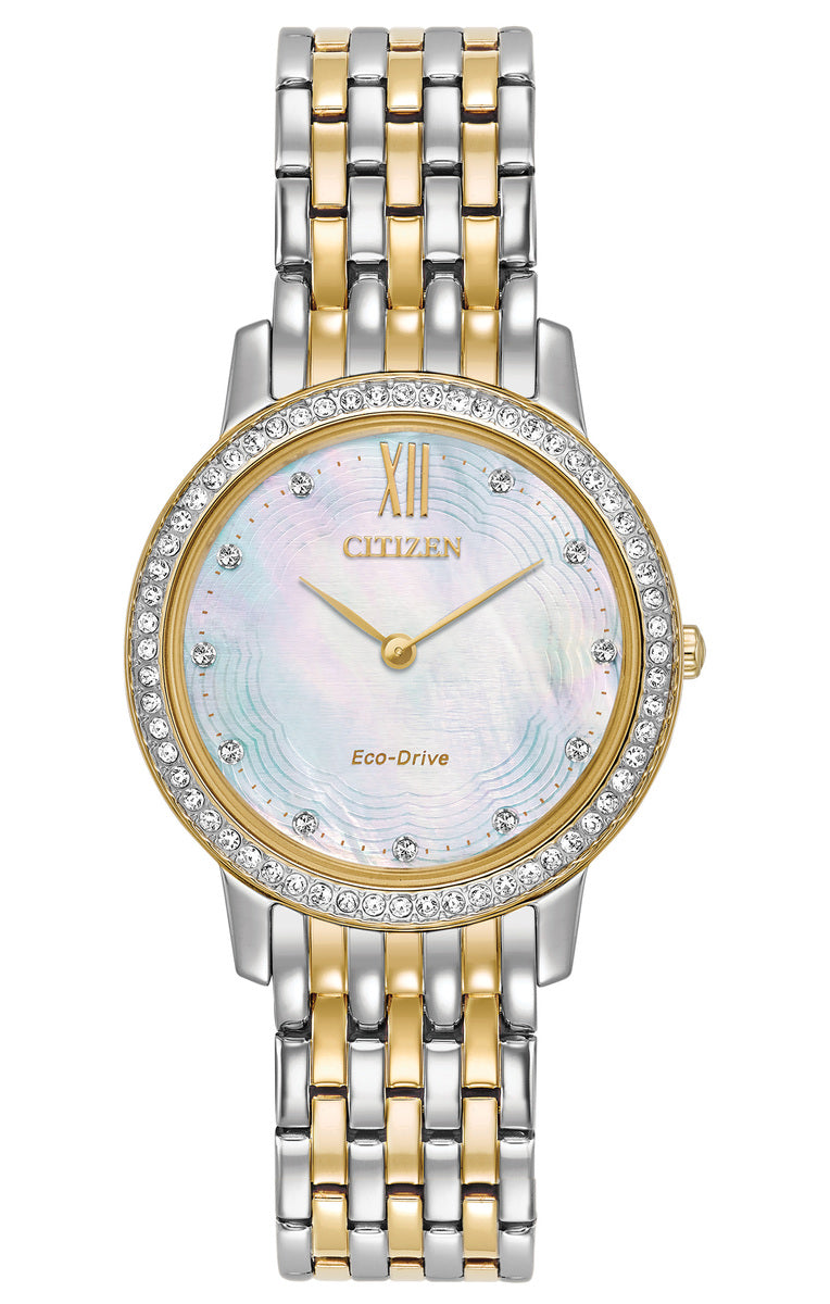 Citizen Eco-Drive Silhouette Crystal Mother of Pearl Dial Two Tone Womens Watch EX1484-57D