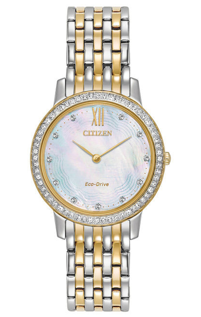 Citizen Eco-Drive Silhouette Crystal Mother of Pearl Dial Two Tone Womens Watch EX1484-57D