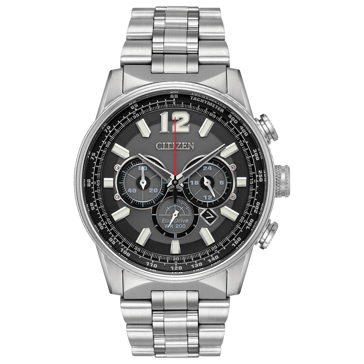 Citizen Eco-Drive Nighthawk Black Dial Stainless Steel Mens Chronograph Watch CA4370-52E