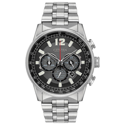 Citizen Eco-Drive Nighthawk Black Dial Stainless Steel Mens Chronograph Watch CA4370-52E