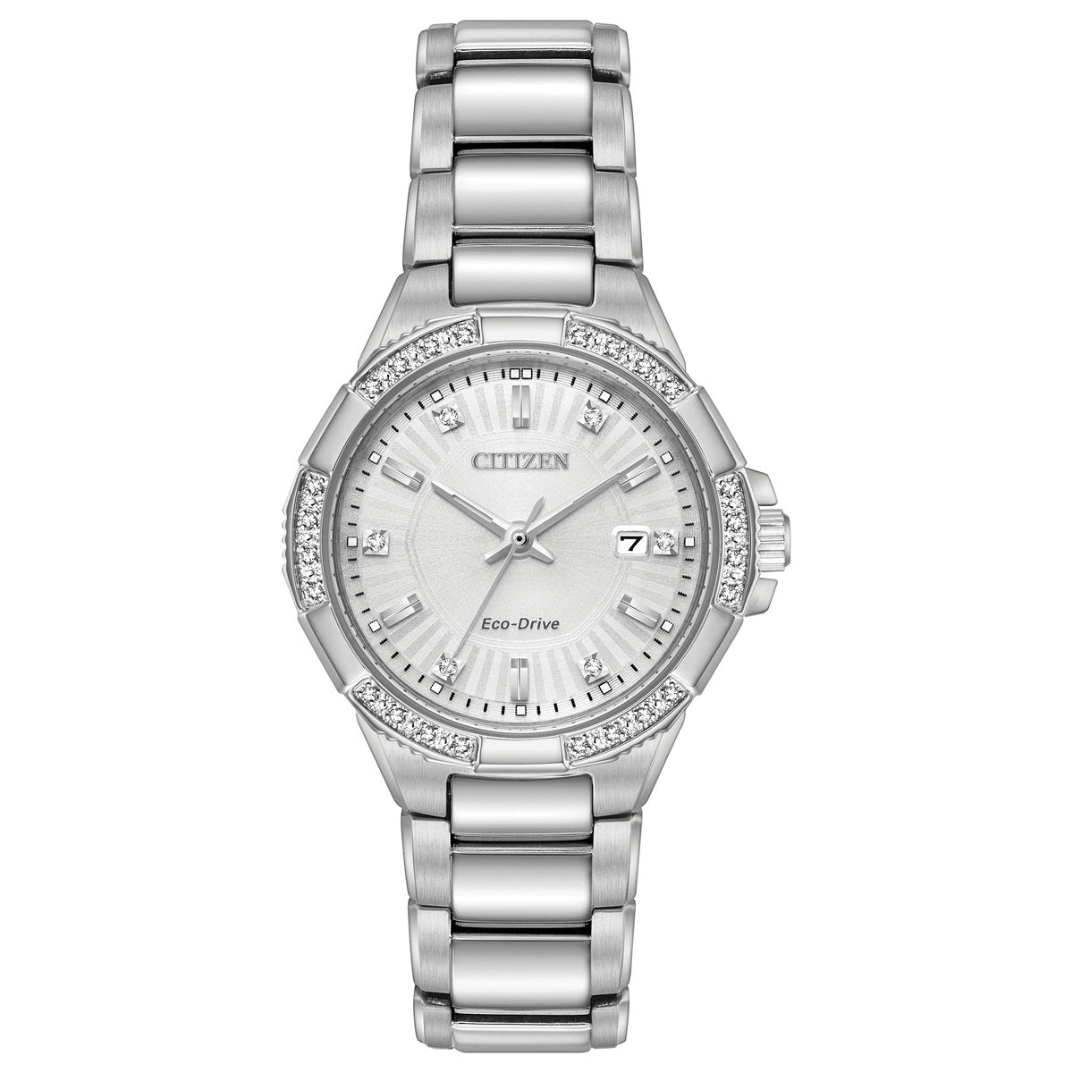 Citizen Eco-Drive Riva Silver Dial Diamond Set Stainless Steel Womens Watch EW2460-56A