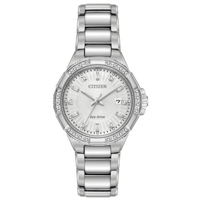 Citizen Eco-Drive Riva Silver Dial Diamond Set Stainless Steel Womens Watch EW2460-56A