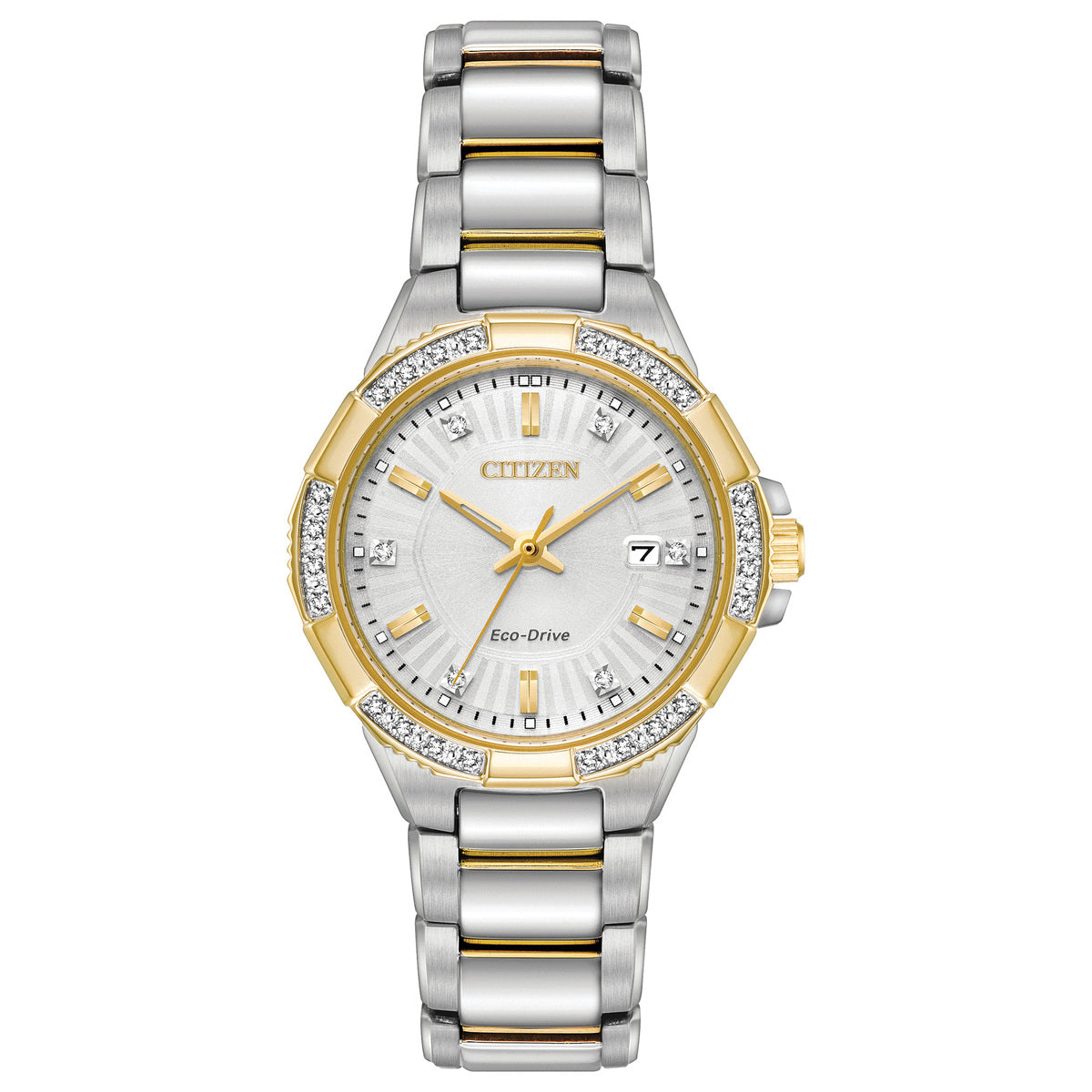 Citizen Eco-Drive Riva Silver Dial Diamond Set Two Tone Womens Watch EW2464-55A