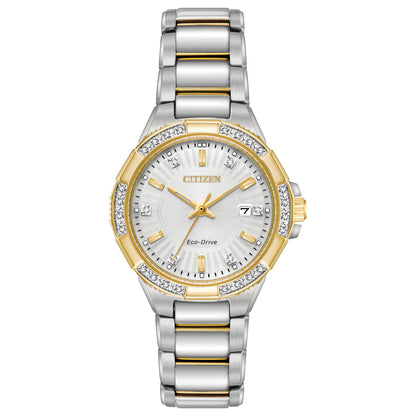 Citizen Eco-Drive Riva Silver Dial Diamond Set Two Tone Womens Watch EW2464-55A