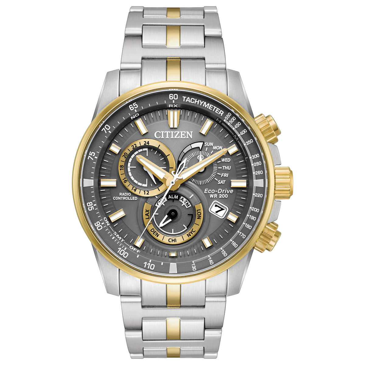 Citizen Eco-Drive Perpetual Chrono A-T PCAT Grey Dial Two Tone Mens Radio Controlled Chronograph Watch AT4124-51H