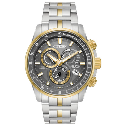 Citizen Eco-Drive Perpetual Chrono A-T PCAT Grey Dial Two Tone Mens Radio Controlled Chronograph Watch AT4124-51H