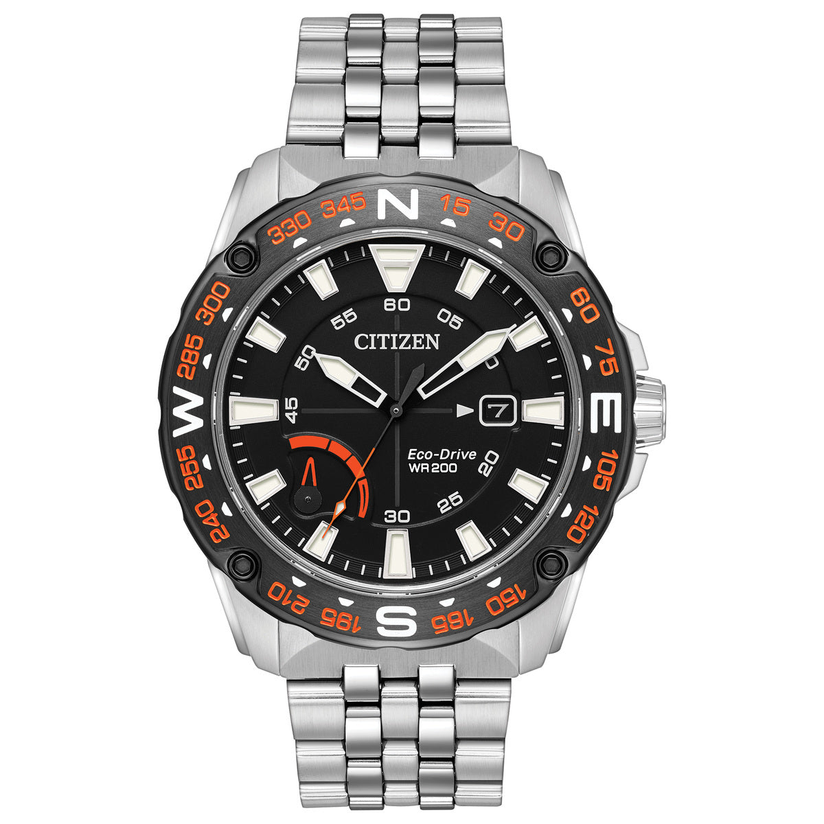 Citizen Eco-Drive Sport Power Reserve Black Dial Stainless Steel Mens Watch AW7048-51E