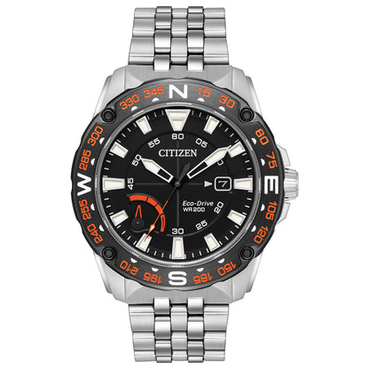 Citizen Eco-Drive Sport Power Reserve Black Dial Stainless Steel Mens Watch AW7048-51E