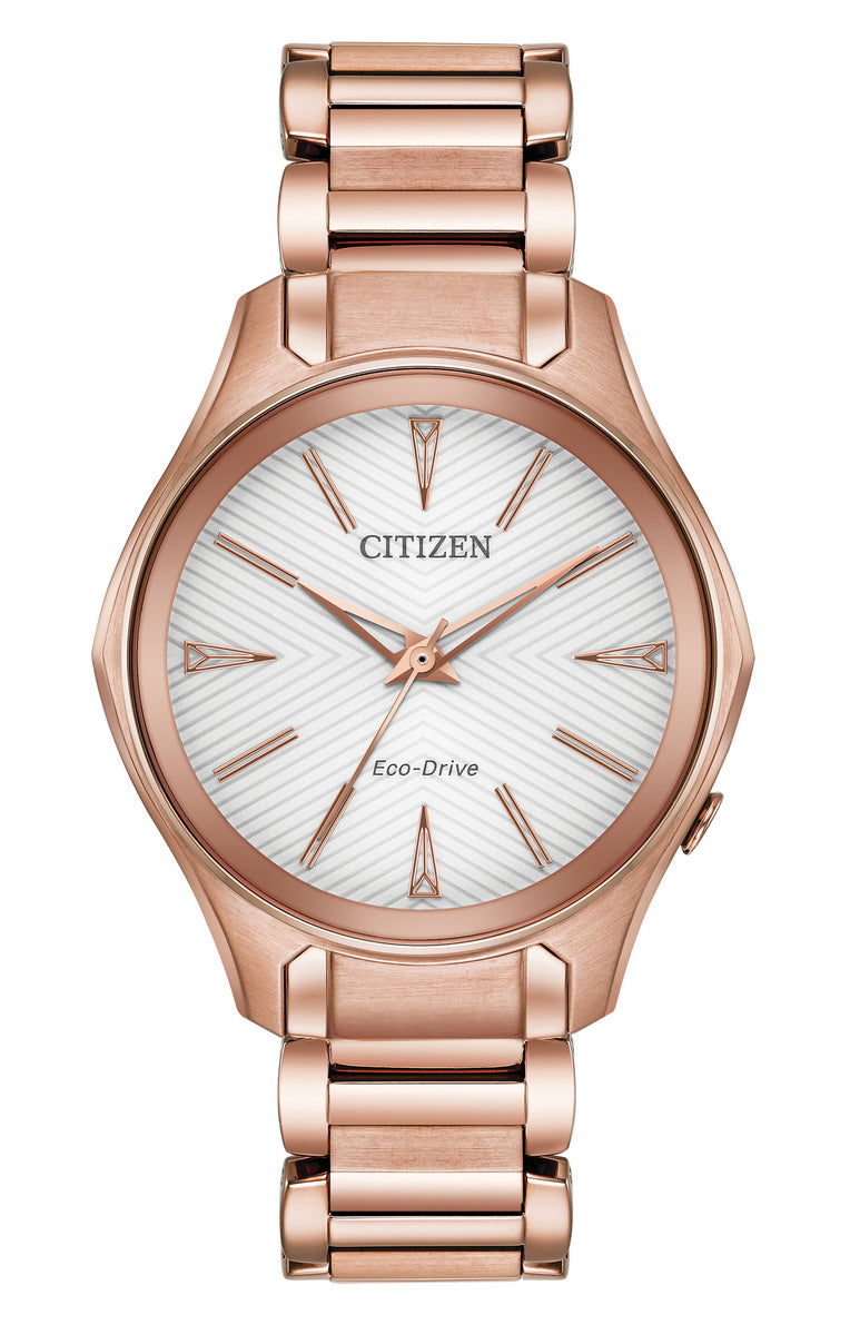 Citizen Eco-Drive Modena Silver Dial Rose Gold Plated Womens Watch EM0593-56A