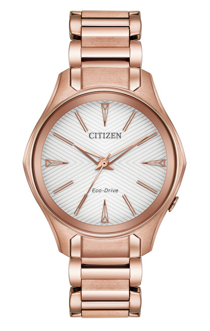 Citizen Eco-Drive Modena Silver Dial Rose Gold Plated Womens Watch EM0593-56A