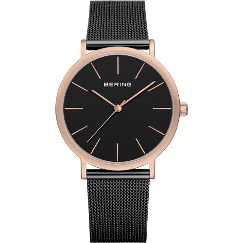 Bering Classic Collection Black Dial Rose Gold Plated Mens Quartz Watch 13436-166