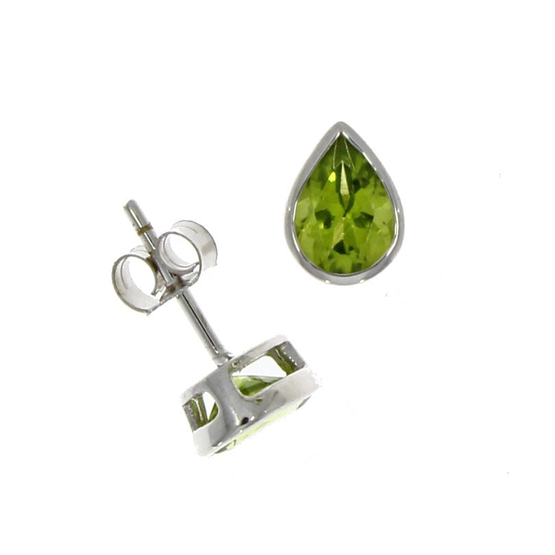 9ct White Gold Pear-Shaped Peridot Rubover Set Stud Earrings