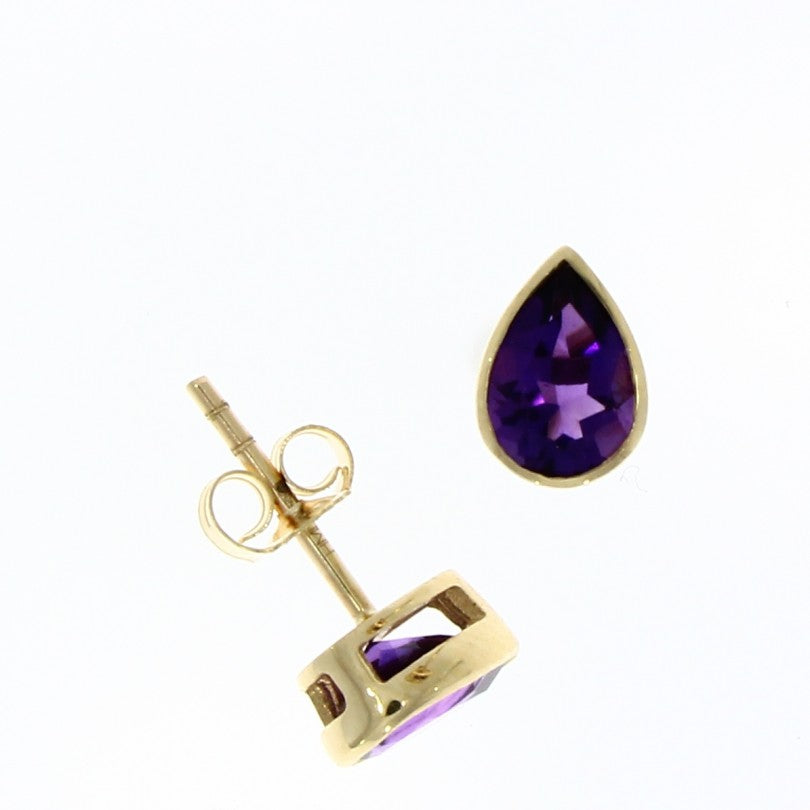 9ct Gold Pear-Shaped Amethyst Rubover Set Stud Earrings