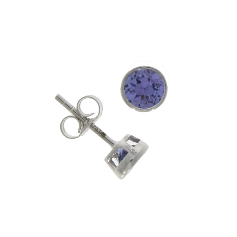 9ct White Gold Round Tanzanite Rubover Set Stud Earrings