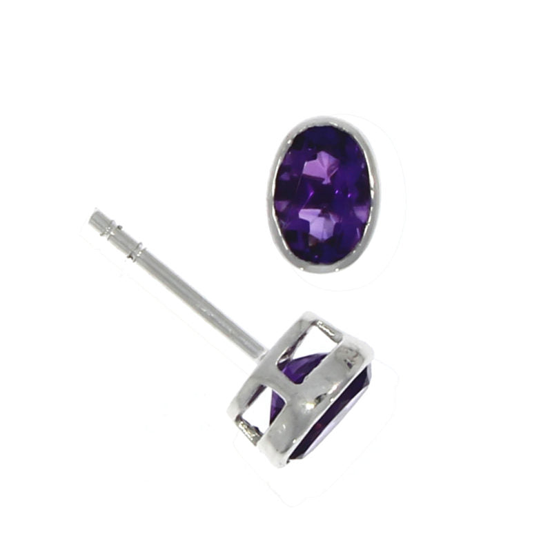 9ct White Gold Oval Amethyst Rubover Set Stud Earrings