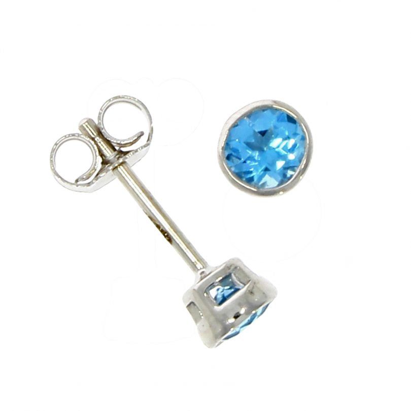 9ct White Gold Round Blue Topaz Rubover Set Stud Earrings