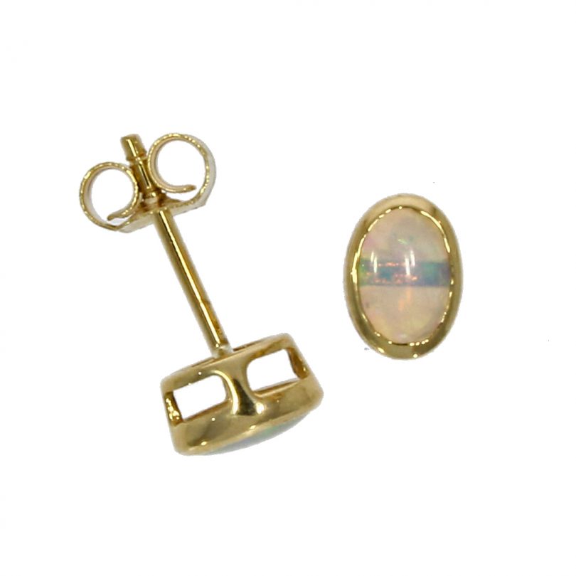 9ct Gold Oval Opal Rubover Set Stud Earrings