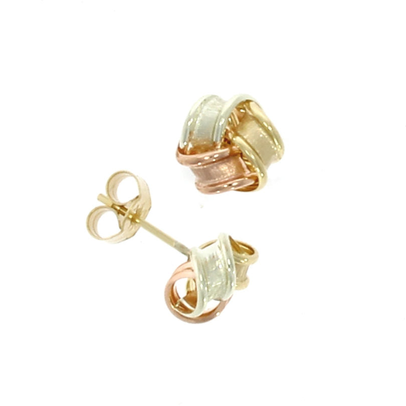 9ct 3 Colour Gold Frosted Ribbon Knot Stud Earrings