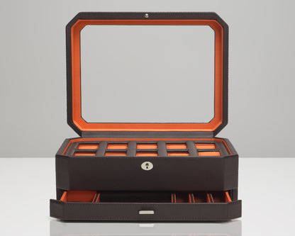 WOLF Windsor Brown 10 Piece Watch Storage Box with Drawer 458606