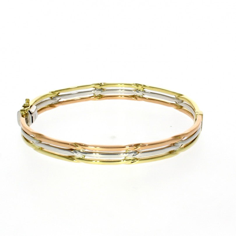 9ct 3 Colour Gold Twist Design Hinged Bangle