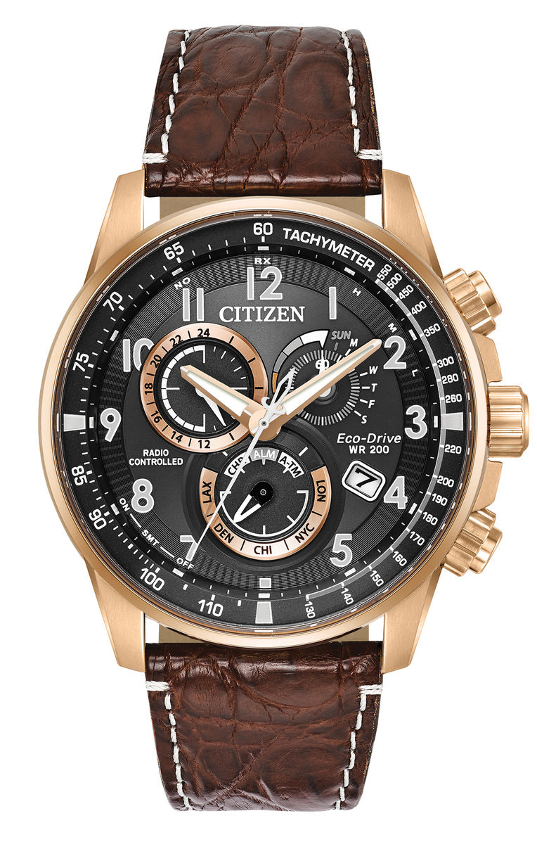 Citizen Eco-Drive Perpetual Chrono A-T PCAT Black Dial Rose Gold Plated Mens Radio Controlled Chronograph Limited Edition Watch AT4133-09E