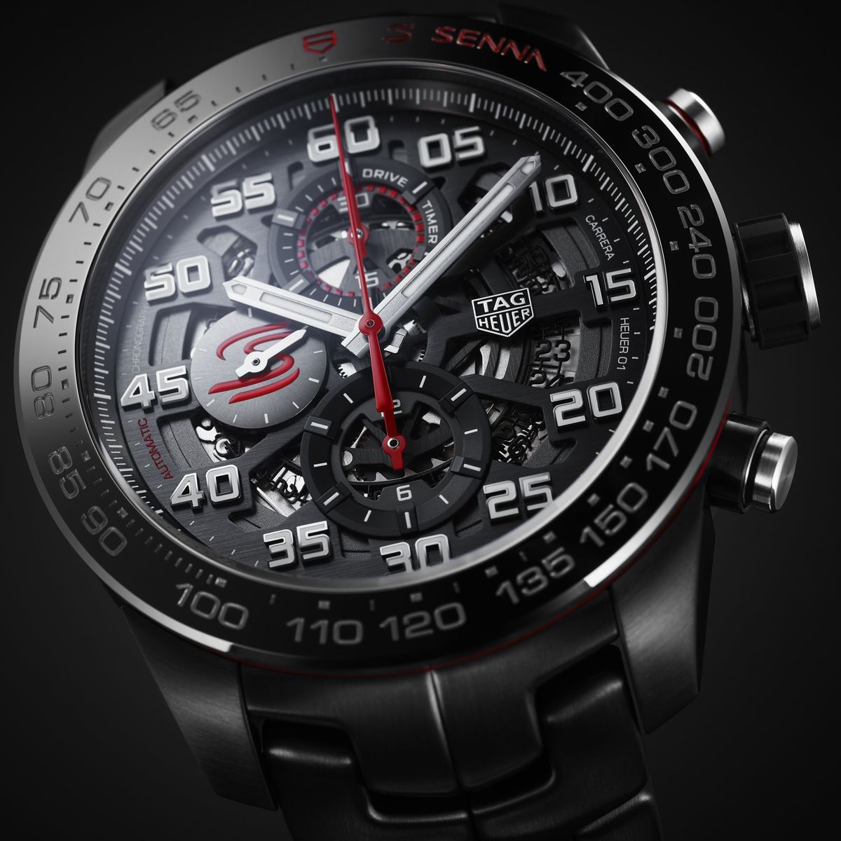 TAG Heuer Carrera Calibre HEUER 01 Automatic Black Stainless Steel Ayrton Senna Special Edition Mens Chronograph Watch CAR2A1L.BA0688
