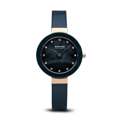 Bering Ceramic Collection Blue Dial Rose Gold Plated Womens Quartz Watch 11429-367