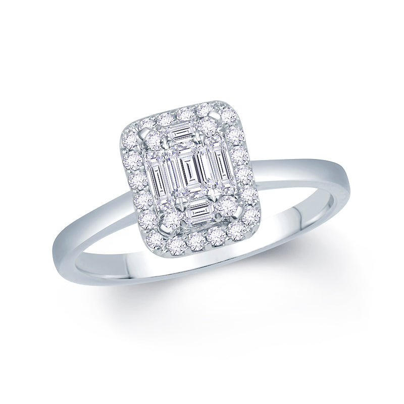 Platinum 0.40ct Baguette & Brilliant Cut Diamond Emerald Illusion Fairytale Cluster Ring