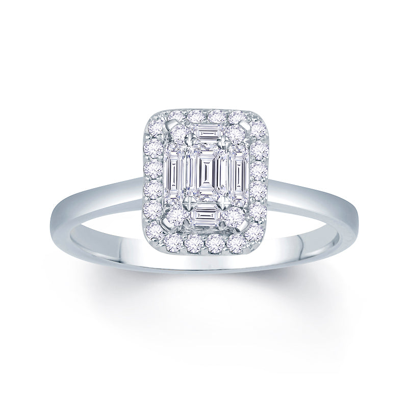 Platinum 0.40ct Baguette & Brilliant Cut Diamond Emerald Illusion Fairytale Cluster Ring