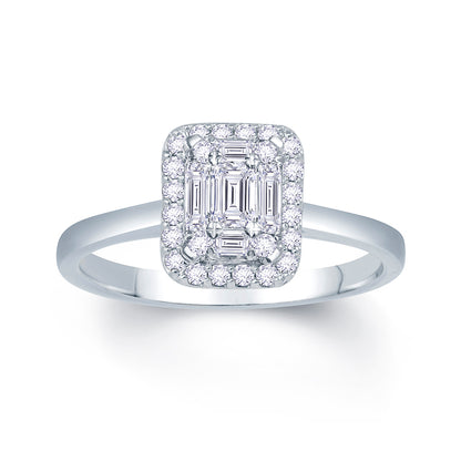 Platinum 0.40ct Baguette & Brilliant Cut Diamond Emerald Illusion Fairytale Cluster Ring