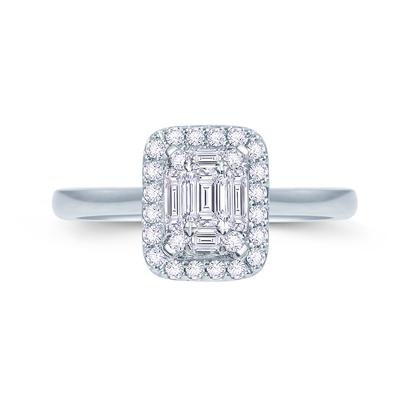 Platinum 0.40ct Baguette & Brilliant Cut Diamond Emerald Illusion Fairytale Cluster Ring