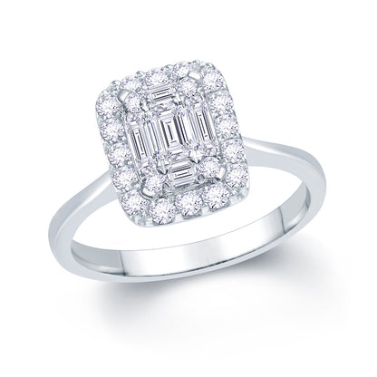 Platinum 0.60ct Baguette & Brilliant Cut Diamond Emerald Illusion Fairytale Cluster Ring