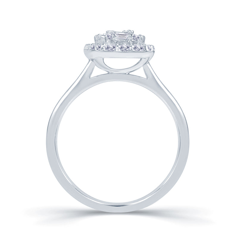Platinum 0.60ct Baguette & Brilliant Cut Diamond Emerald Illusion Fairytale Cluster Ring