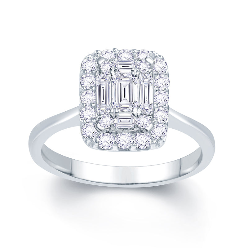 Platinum 0.60ct Baguette & Brilliant Cut Diamond Emerald Illusion Fairytale Cluster Ring