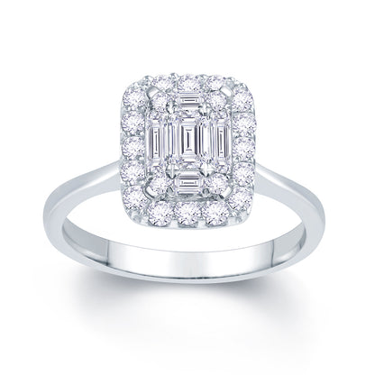 Platinum 0.60ct Baguette & Brilliant Cut Diamond Emerald Illusion Fairytale Cluster Ring
