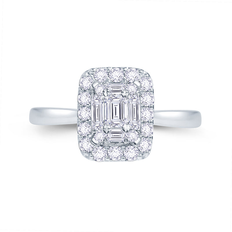 Platinum 0.60ct Baguette & Brilliant Cut Diamond Emerald Illusion Fairytale Cluster Ring
