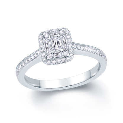 Platinum 0.35ct Baguette & Brilliant Cut Diamond Emerald Illusion Fairytale Cluster Ring