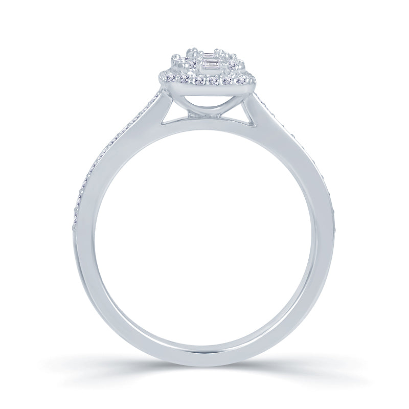 Platinum 0.35ct Baguette & Brilliant Cut Diamond Emerald Illusion Fairytale Cluster Ring