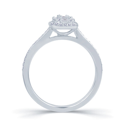 Platinum 0.35ct Baguette & Brilliant Cut Diamond Emerald Illusion Fairytale Cluster Ring