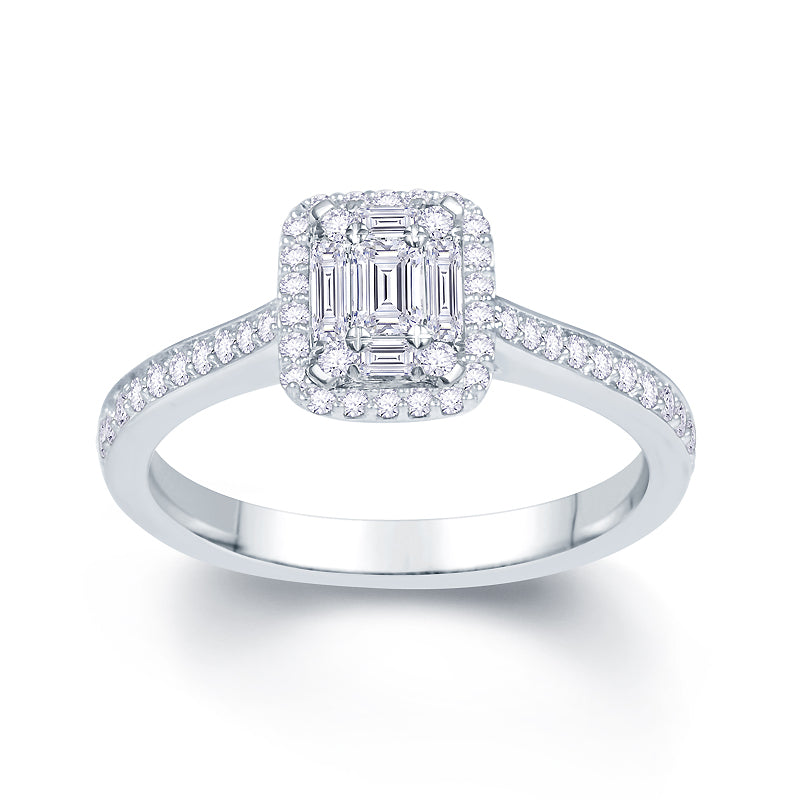 Platinum 0.35ct Baguette & Brilliant Cut Diamond Emerald Illusion Fairytale Cluster Ring