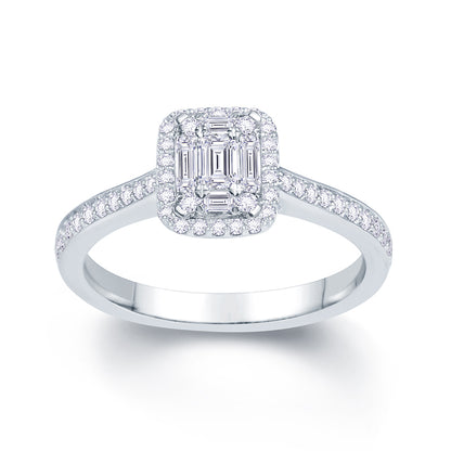 Platinum 0.35ct Baguette & Brilliant Cut Diamond Emerald Illusion Fairytale Cluster Ring