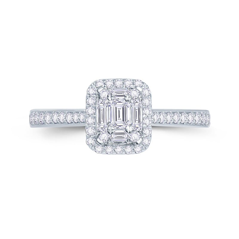 Platinum 0.35ct Baguette & Brilliant Cut Diamond Emerald Illusion Fairytale Cluster Ring