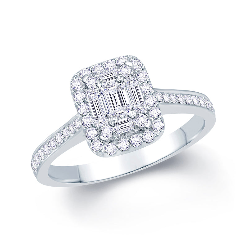 Platinum 0.50ct Baguette & Brilliant Cut Diamond Emerald Illusion Fairytale Cluster Ring