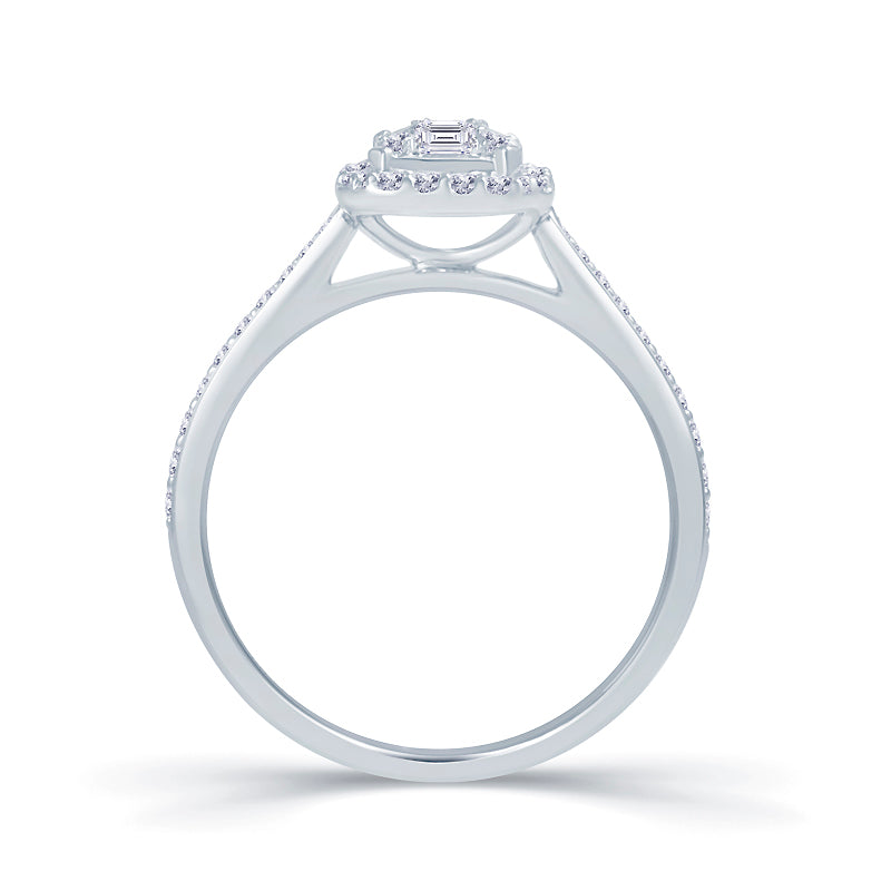 Platinum 0.50ct Baguette & Brilliant Cut Diamond Emerald Illusion Fairytale Cluster Ring