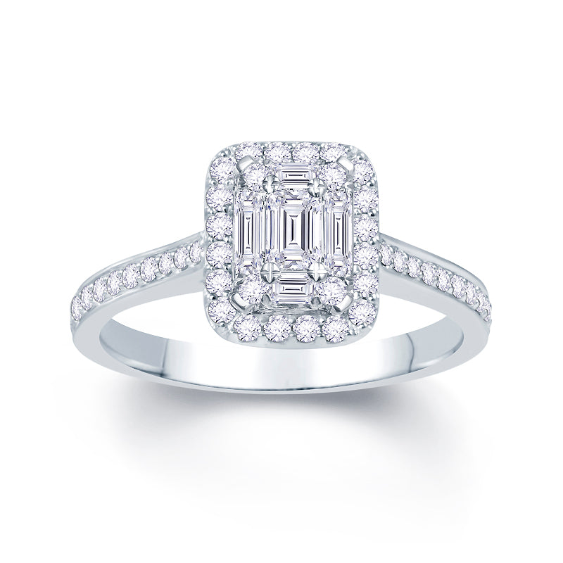 Platinum 0.50ct Baguette & Brilliant Cut Diamond Emerald Illusion Fairytale Cluster Ring