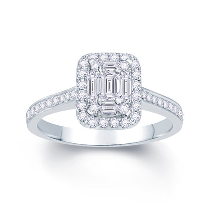 Platinum 0.50ct Baguette & Brilliant Cut Diamond Emerald Illusion Fairytale Cluster Ring