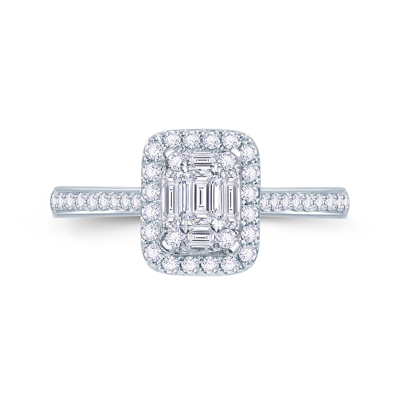 Platinum 0.50ct Baguette & Brilliant Cut Diamond Emerald Illusion Fairytale Cluster Ring